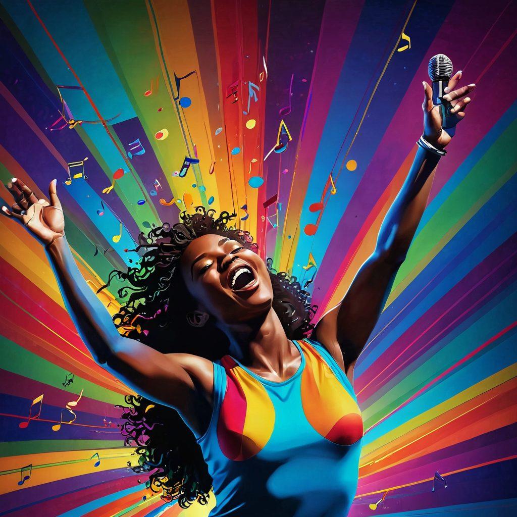 An abstract representation of a joyful performer surrounded by vibrant sound waves and colorful musical notes, capturing the essence of exuberant vocal performances. Include a microphone glowing at the center, with dynamic movement suggesting motion and energy. The background features a burst of radiant colors to symbolize happiness and creativity. super-realistic. vibrant colors. 3D.