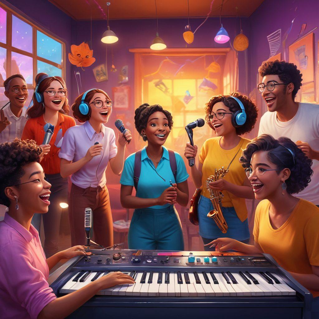 A vibrant scene depicting a diverse group of voice actors joyfully practicing their craft in a colorful studio, surrounded by microphones, soundboards, and playful character sketches. Light beams streaming through windows illuminate their beaming faces, reflecting cheerful intonations as they perform. Include musical notes and speech bubbles emerging from their mouths, symbolizing lively conversations. The background features whimsical character designs and instruments enhancing the joyous atmosphere. super-realistic. vibrant colors. dynamic composition.