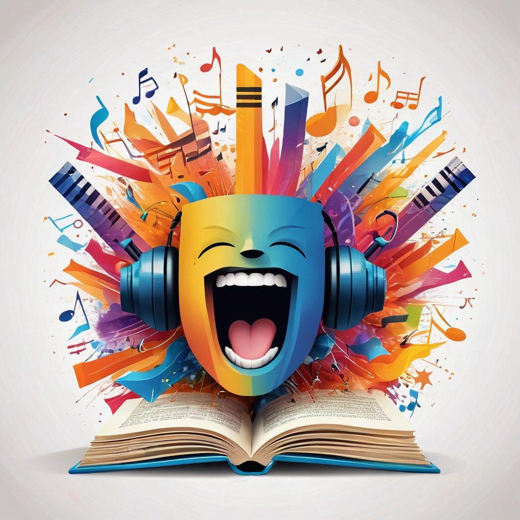 A colorful soundwave illustration emanating from an open mouth, surrounded by vibrant musical notes and playful emoticons that express joy. The background features soft gradients of warm colors, symbolizing happiness and creativity. Elements like books and microphones subtly blend into the design, highlighting the concept of joyful voice simulation. super-realistic. vibrant colors. white background.